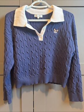 Contrast-Collar Cable Knit Polo Sweater - Blue